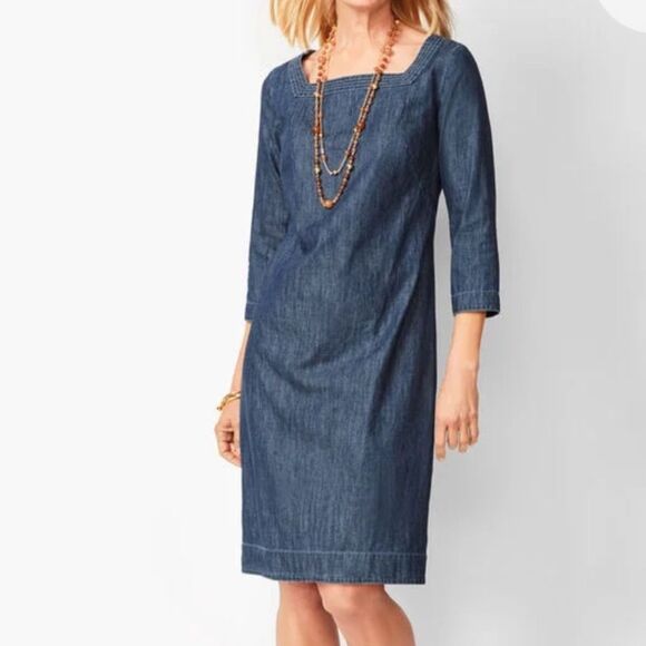 Talbots Square Neck Denim Shift Dress Blue Cotton Chambray 3/4 Sleeve Women 8 - Picture 2 of 13